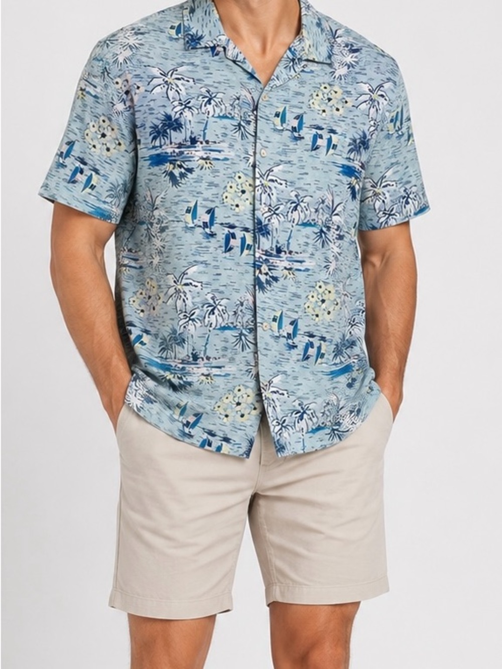 Nautica Light Blue Tropical Print Short Sleeve Button-Up Shirt